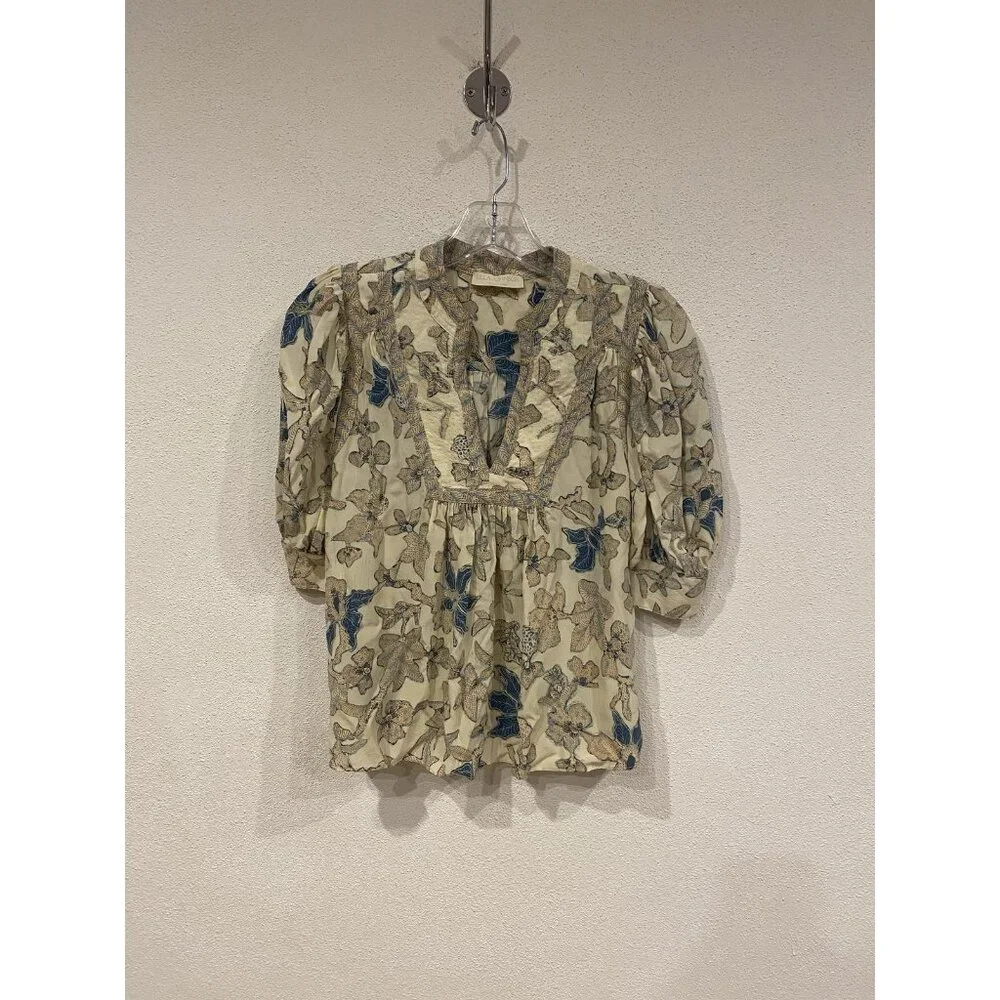 Ulla Johnson Desdra Blouse Womens 2 Cream Silk V-Neck Ruffle Puff Sleeve Floral